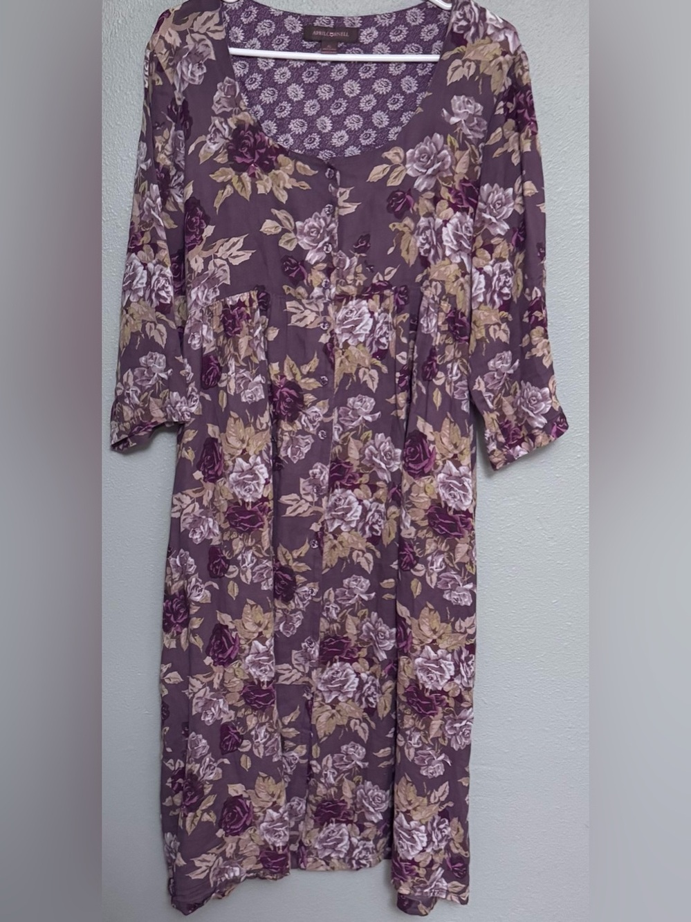 Vintage April Cornell Purple Floral Midi Dress with Taupe and Rose Accents